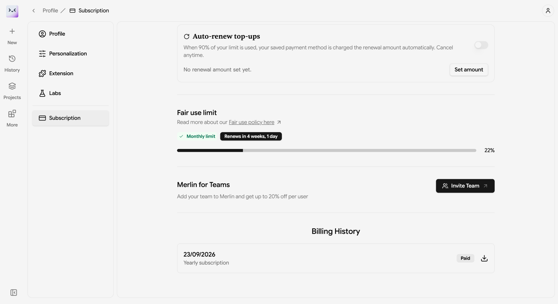 Merlin subscription screenshot showing 22% monthly usage and renewal in 4 weeks, 1 day